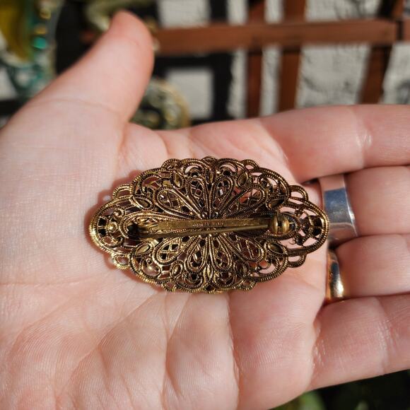 Vtg Made Germany Brooch Green Glass AB Rhinestone Gold Tone Filigree Pre 1949 - Picture 5 of 12